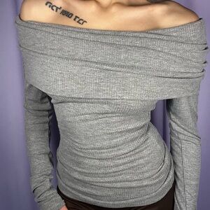 Grey Off-Shoulder Long Sleeve Blouse